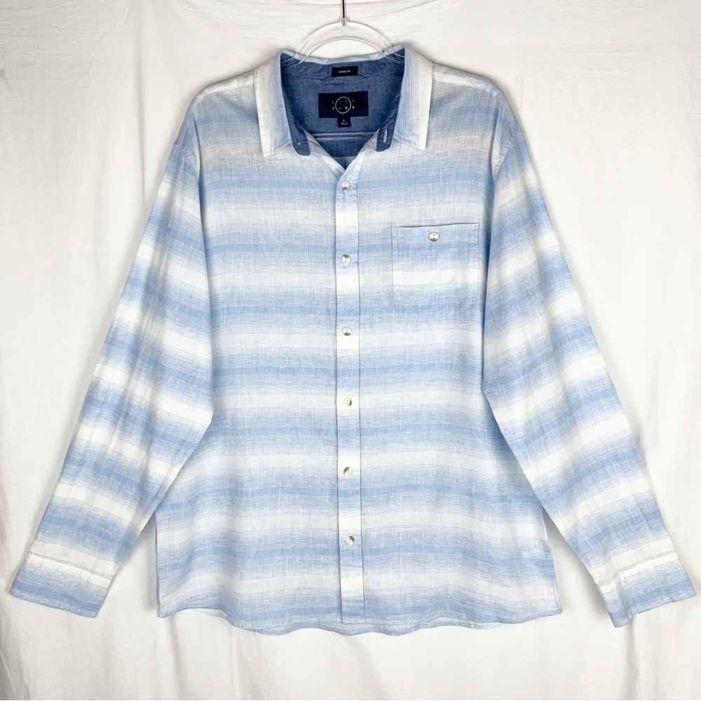 Even Tide Linen Blend Blue White Stripes Button Down Shirt Size Large
